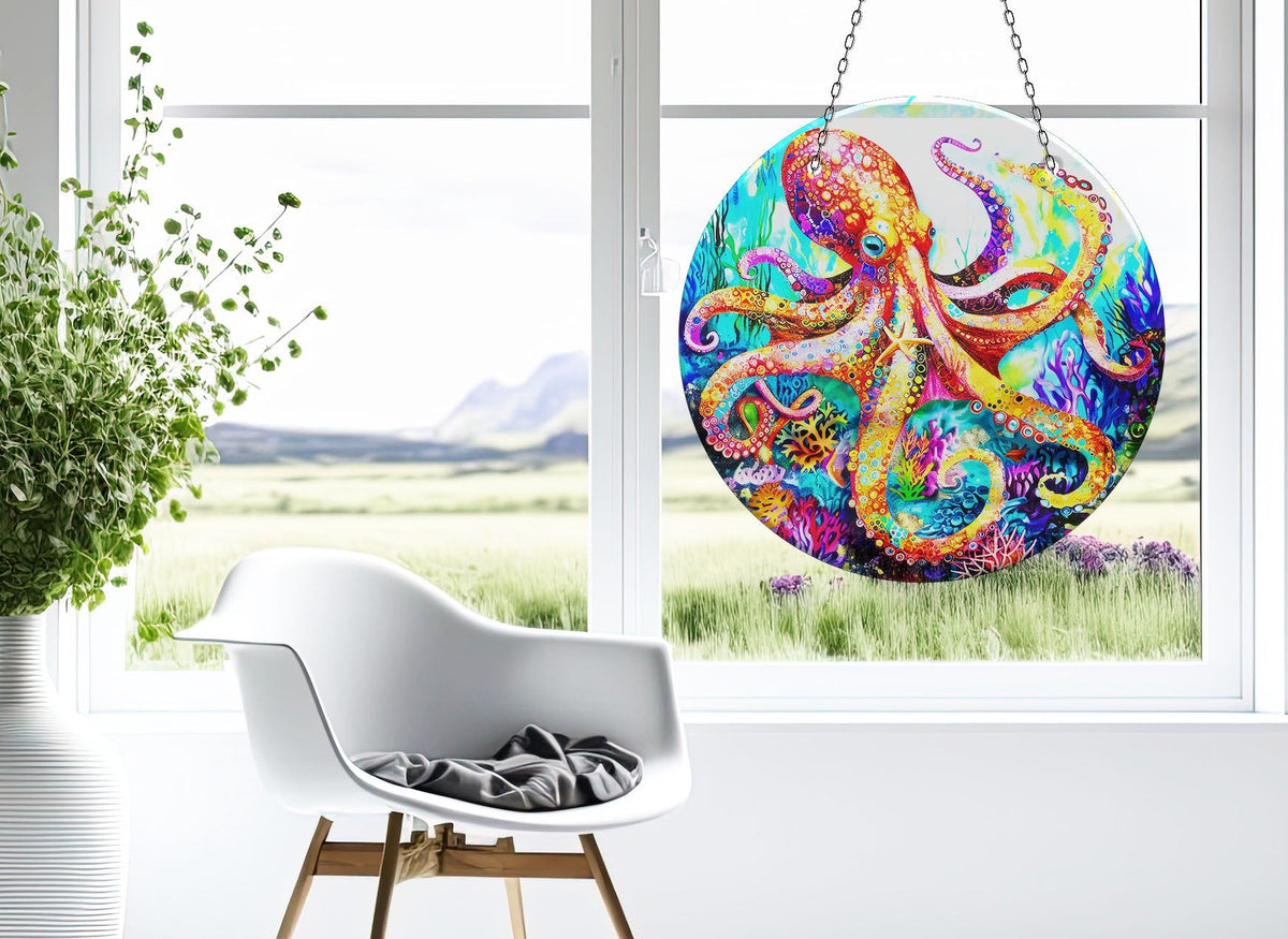 Colored Octopus Faux Stained Glass Suncatcher Window Hanging Home Decor Sun Catcher Gift Idea