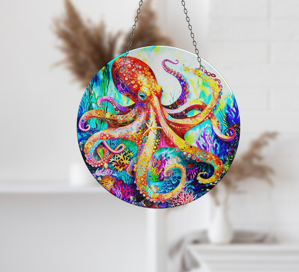 Colored Octopus Faux Stained Glass Suncatcher Window Hanging Home Decor Sun Catcher Gift Idea