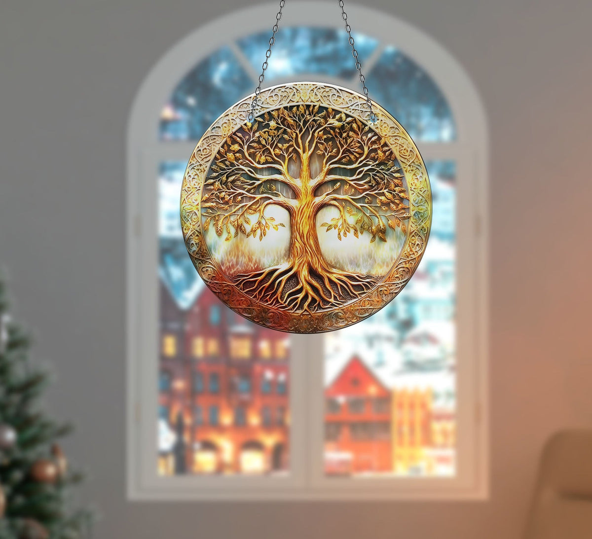 Gold Tree of Life Faux Stained Glass Suncatcher Window Hanging Home Decor Sun Catcher Gift Idea