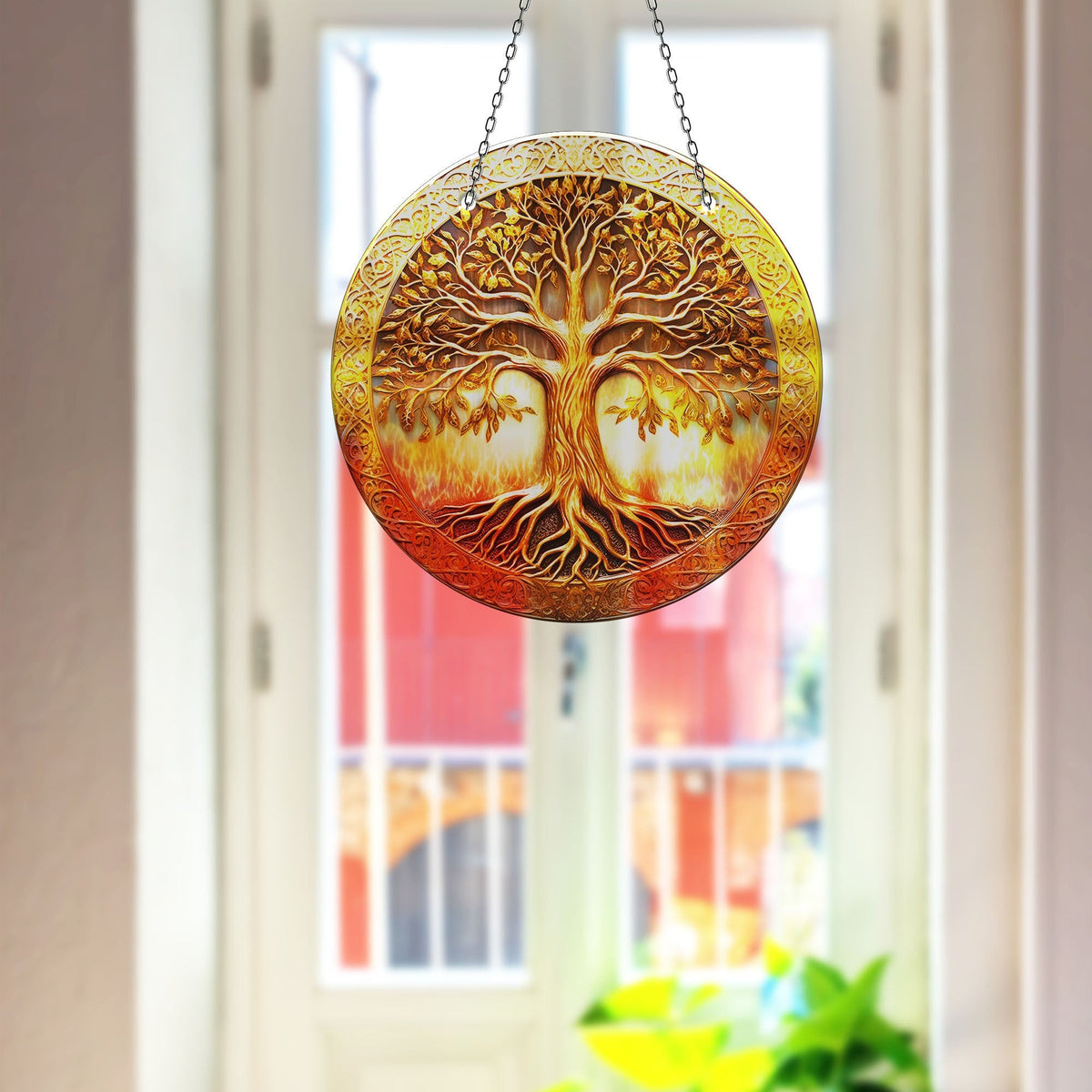 Gold Tree of Life Faux Stained Glass Suncatcher Window Hanging Home Decor Sun Catcher Gift Idea