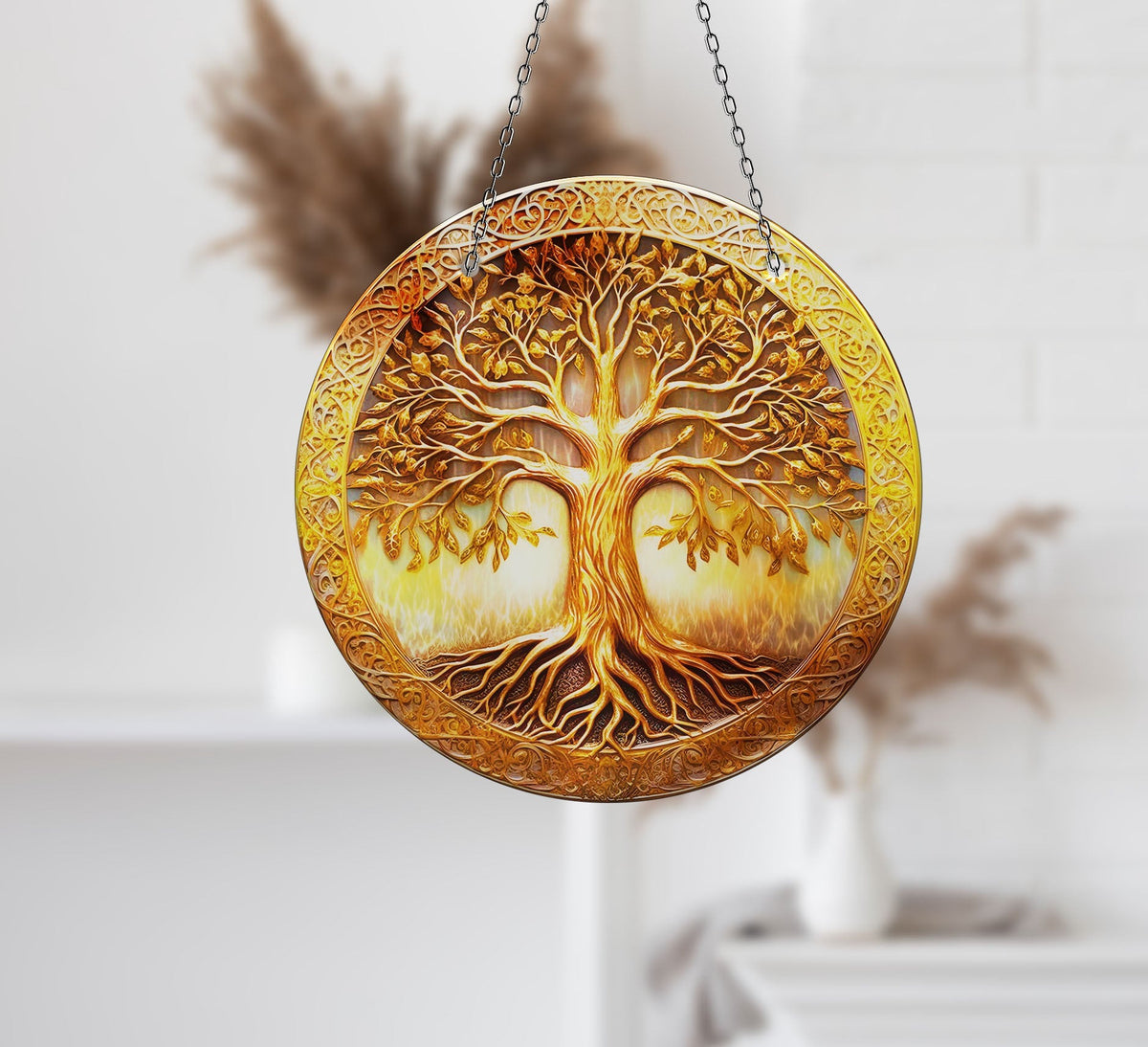 Gold Tree of Life Faux Stained Glass Suncatcher Window Hanging Home Decor Sun Catcher Gift Idea