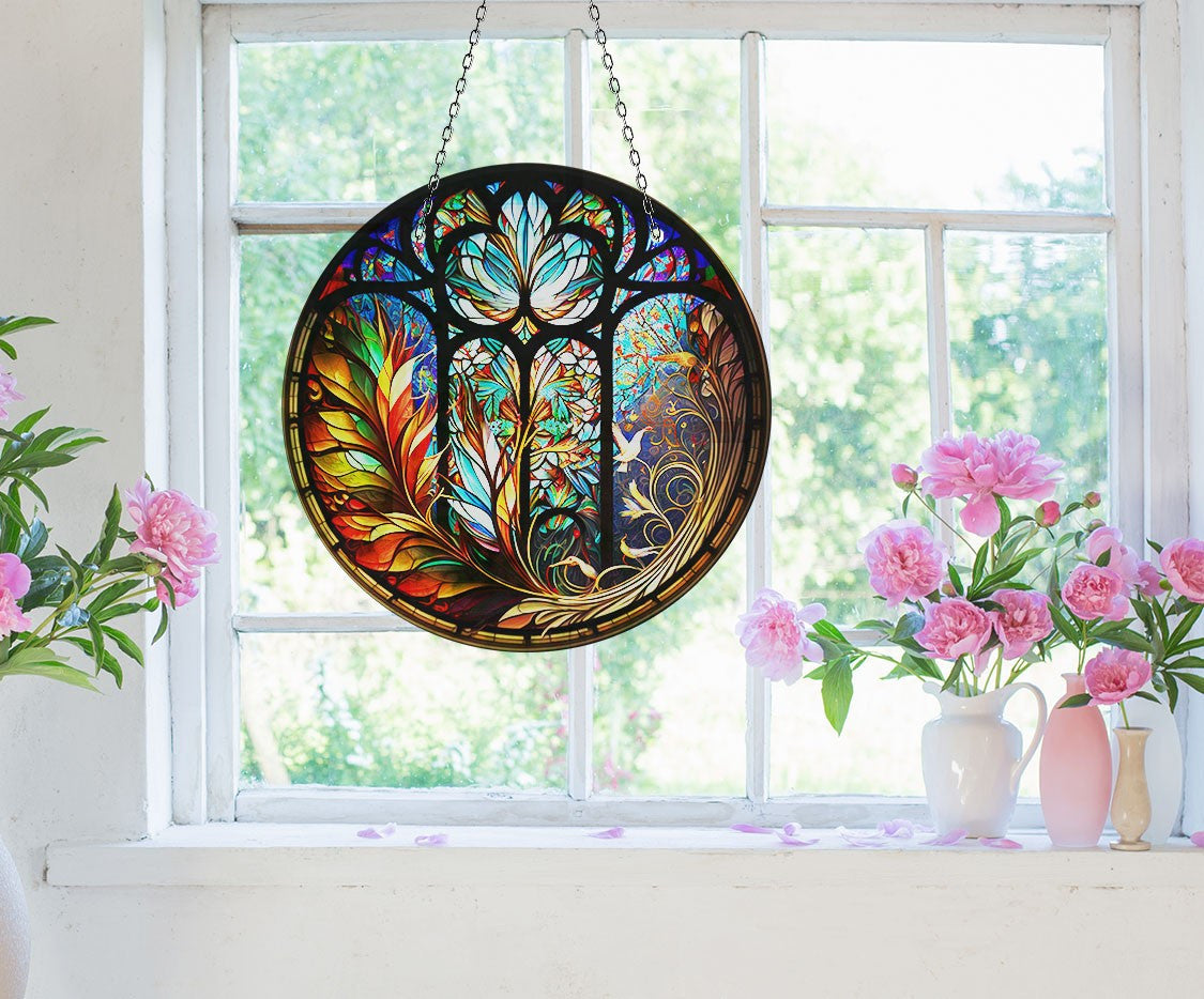 Floral Stained Faux Stained Glass Suncatcher Window Hanging Home Decor Sun Catcher Gift Idea