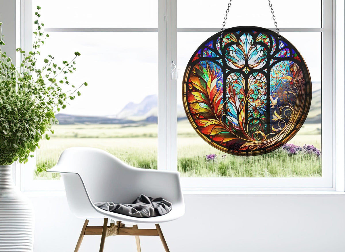 Floral Stained Faux Stained Glass Suncatcher Window Hanging Home Decor Sun Catcher Gift Idea