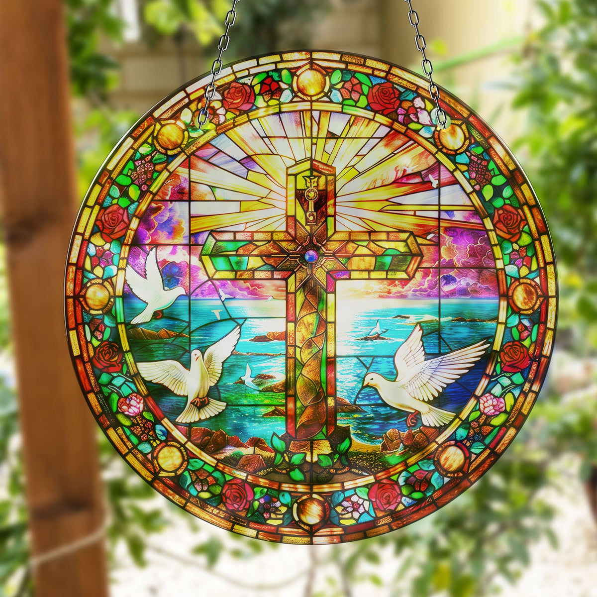 Peace Sign Jesus Faux Stained Glass Suncatcher Window Hanging Home Decor Sun Catcher Gift Idea