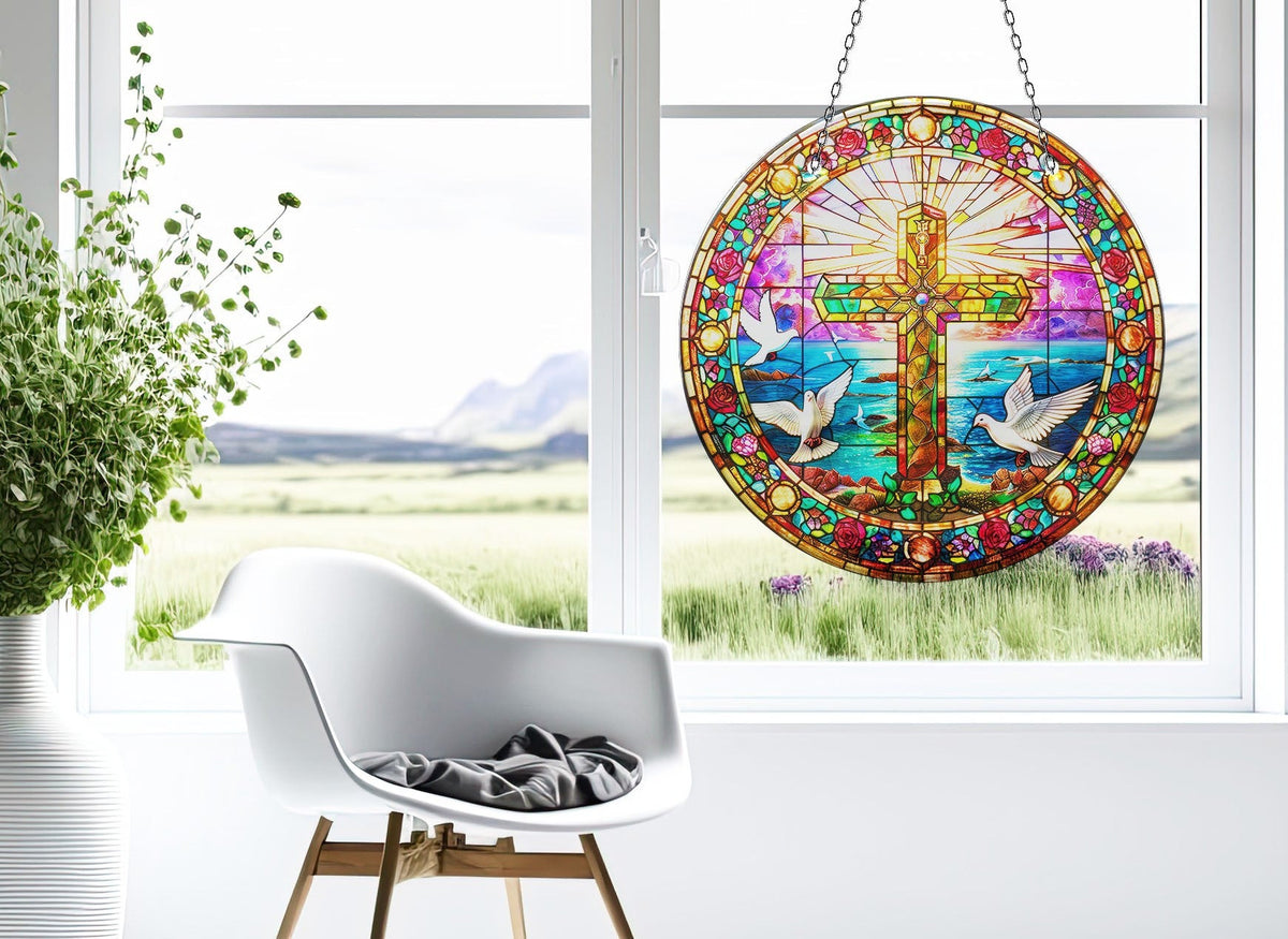 Peace Sign Jesus Faux Stained Glass Suncatcher Window Hanging Home Decor Sun Catcher Gift Idea