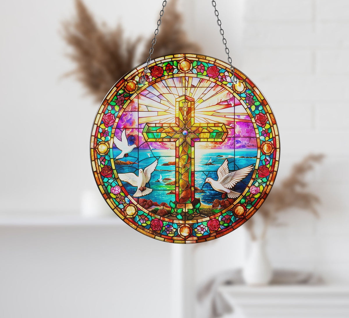 Peace Sign Jesus Faux Stained Glass Suncatcher Window Hanging Home Decor Sun Catcher Gift Idea