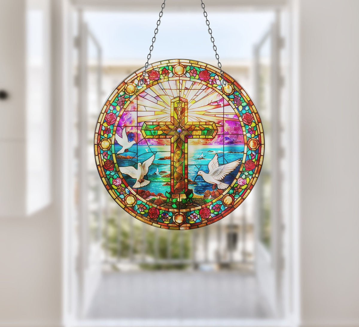 Peace Sign Jesus Faux Stained Glass Suncatcher Window Hanging Home Decor Sun Catcher Gift Idea