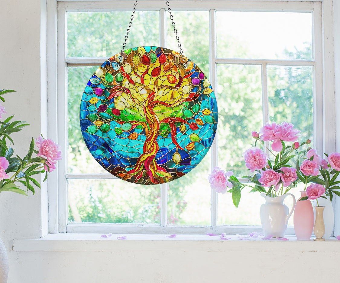 Vivid Life of tree Faux Stained Glass Suncatcher Window Hanging Home Decor Sun Catcher Gift Idea Decor