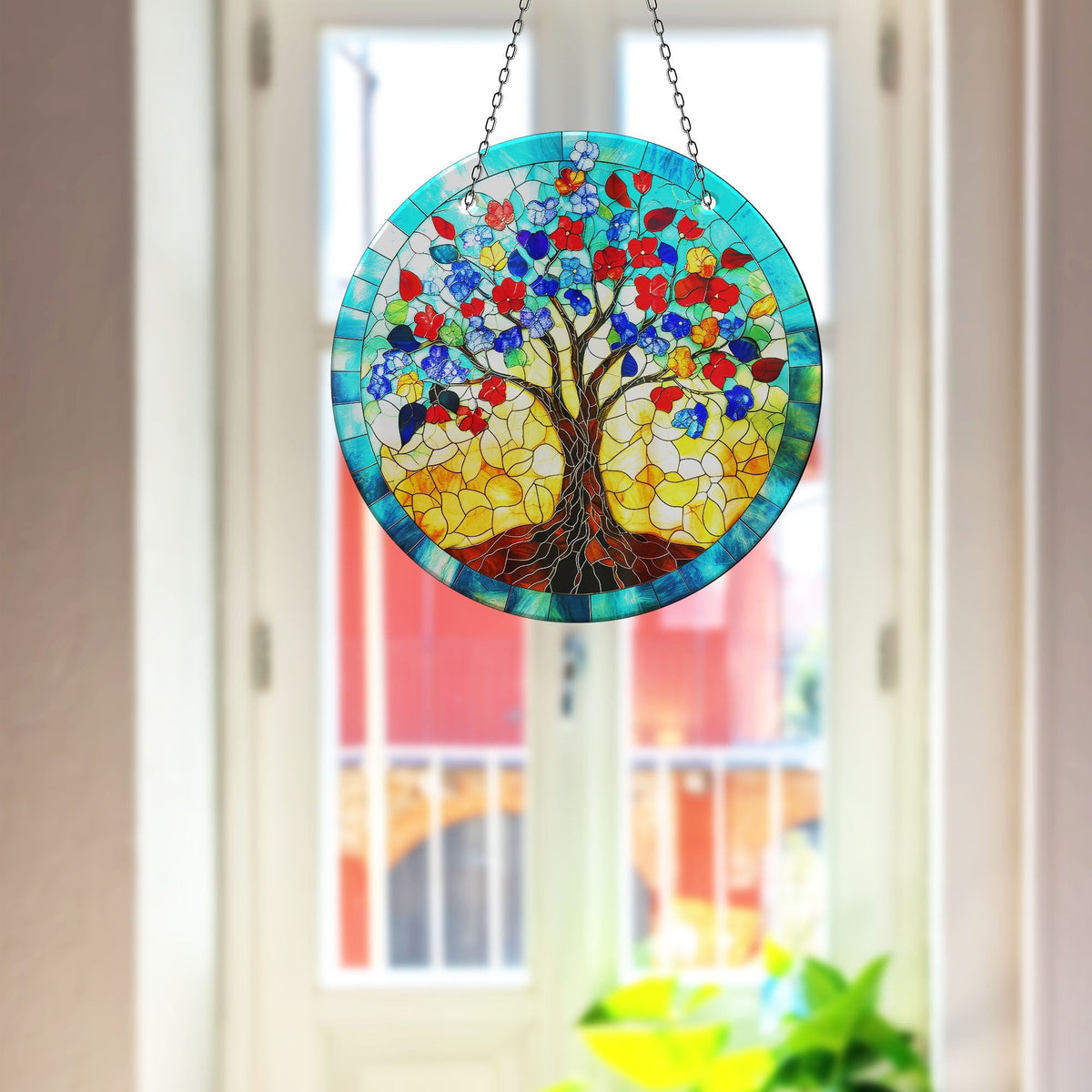 Blue Life of tree Faux Stained Glass Suncatcher Window Hanging Home Decor Sun Catcher Gift Idea