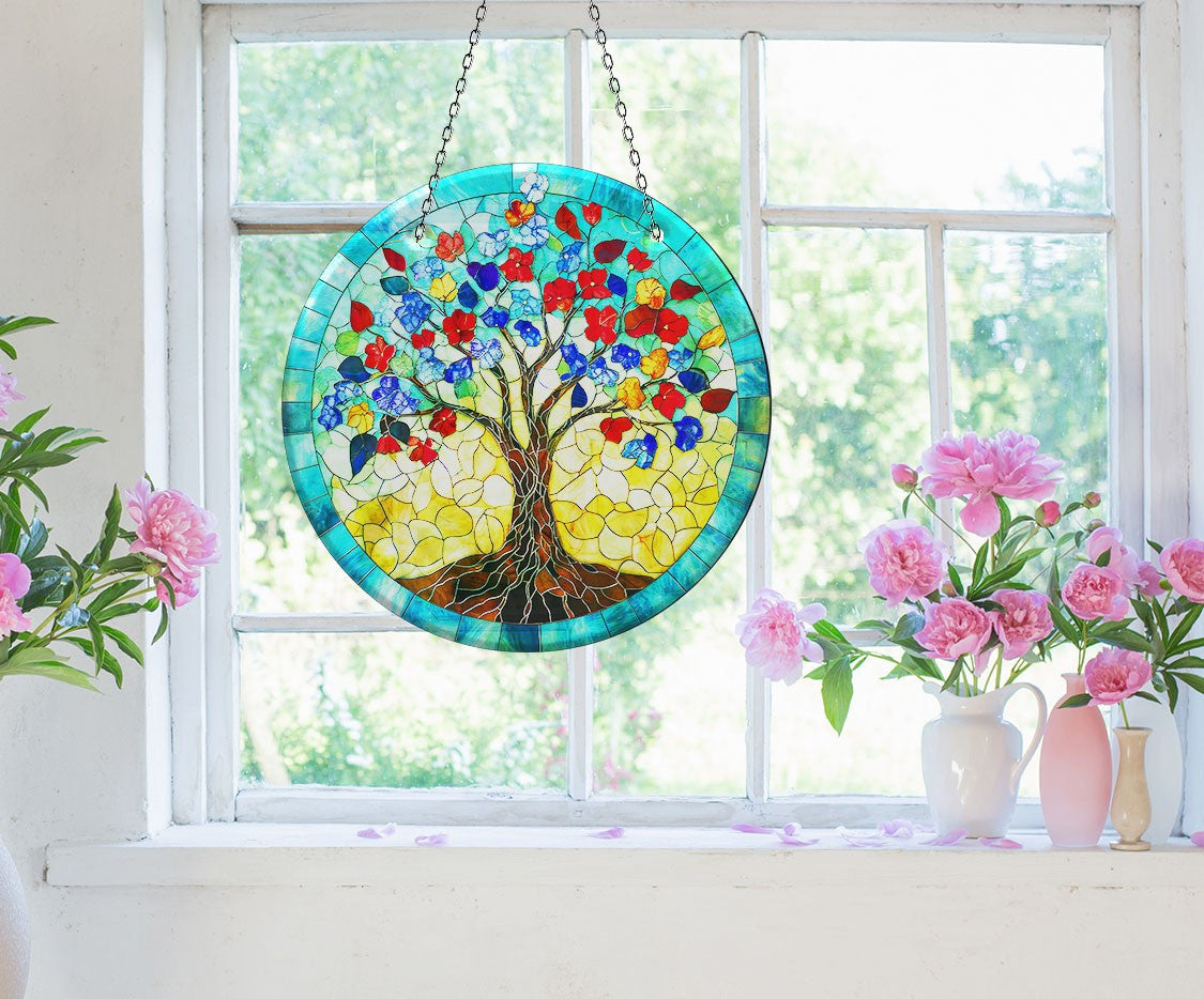 Blue Life of tree Faux Stained Glass Suncatcher Window Hanging Home Decor Sun Catcher Gift Idea