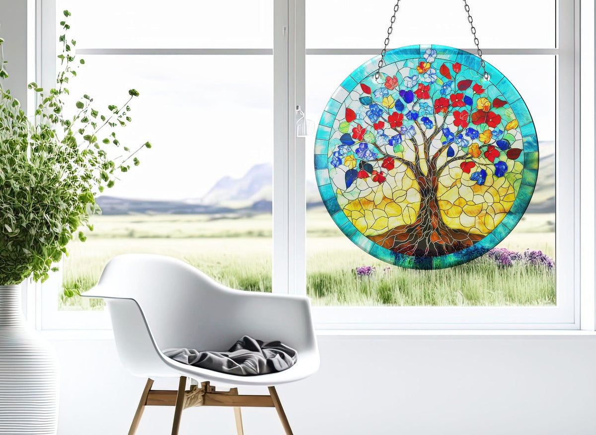 Blue Life of tree Faux Stained Glass Suncatcher Window Hanging Home Decor Sun Catcher Gift Idea