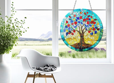 Blue Life of tree Faux Stained Glass Suncatcher Window Hanging Home Decor Sun Catcher Gift Idea