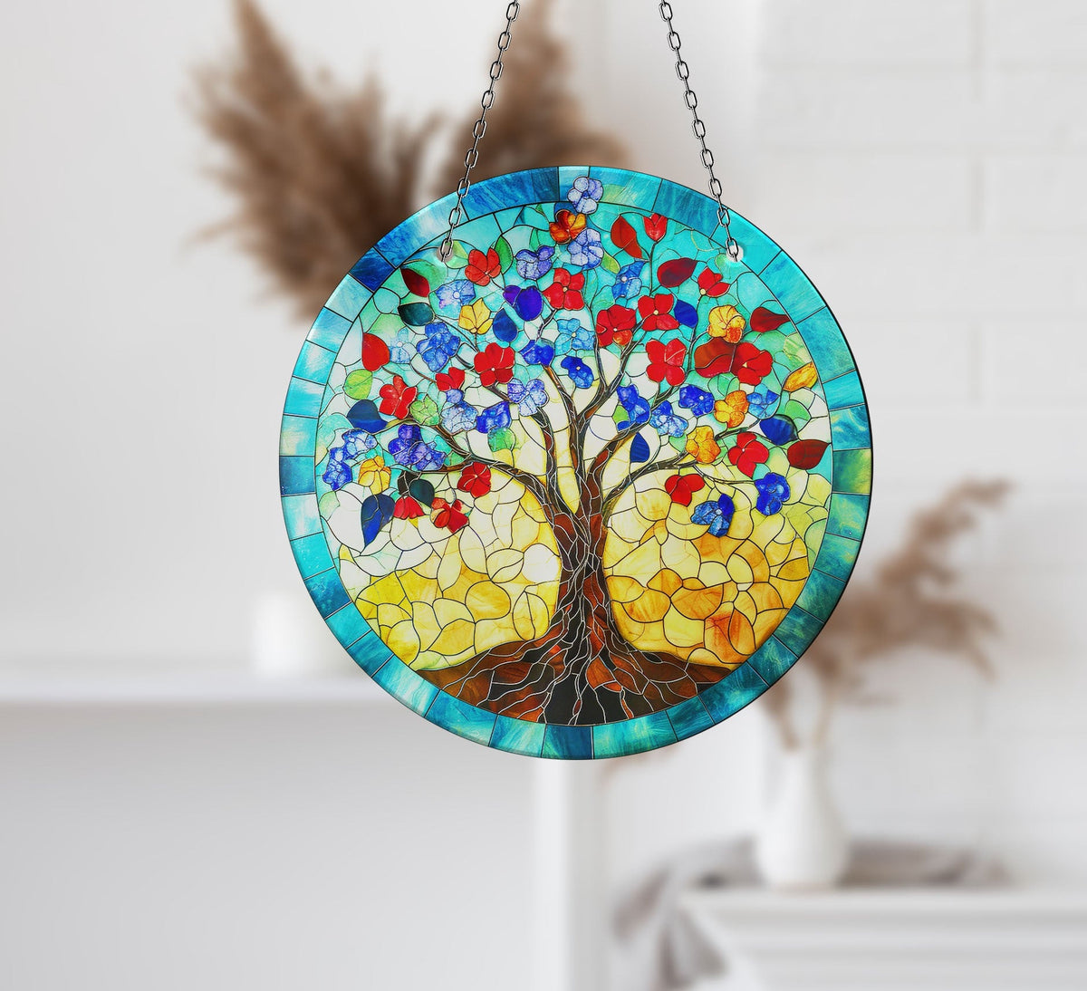 Blue Life of tree Faux Stained Glass Suncatcher Window Hanging Home Decor Sun Catcher Gift Idea