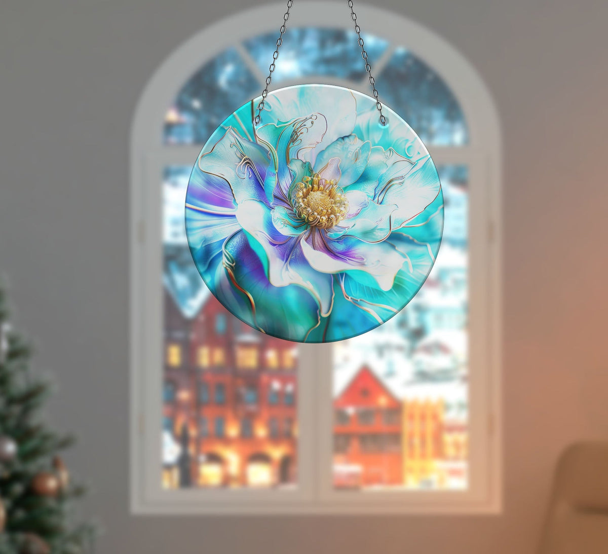 Shiny Blue Flower Faux Stained Glass Suncatcher Window Hanging Home Decor Sun Catcher Gift Idea