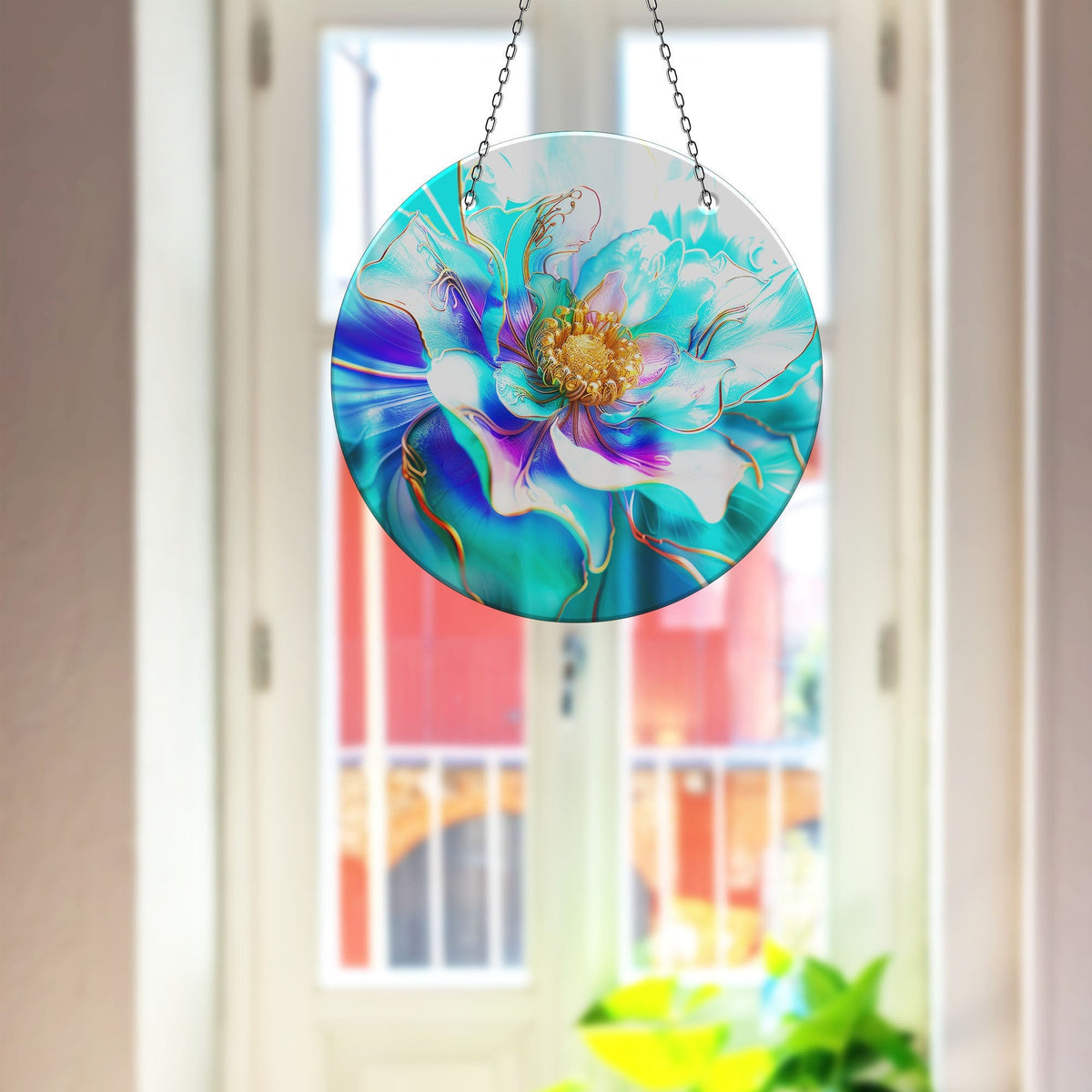 Shiny Blue Flower Faux Stained Glass Suncatcher Window Hanging Home Decor Sun Catcher Gift Idea