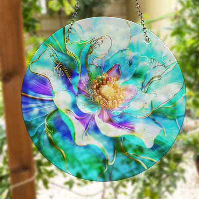 Shiny Blue Flower Faux Stained Glass Suncatcher Window Hanging Home Decor Sun Catcher Gift Idea
