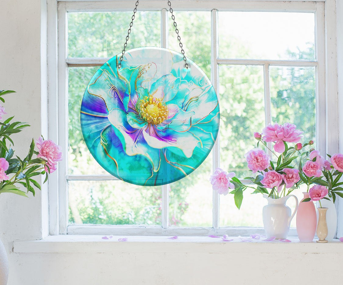 Shiny Blue Flower Faux Stained Glass Suncatcher Window Hanging Home Decor Sun Catcher Gift Idea