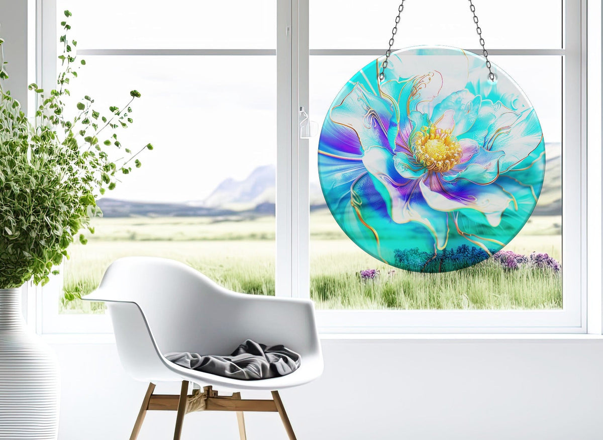 Shiny Blue Flower Faux Stained Glass Suncatcher Window Hanging Home Decor Sun Catcher Gift Idea