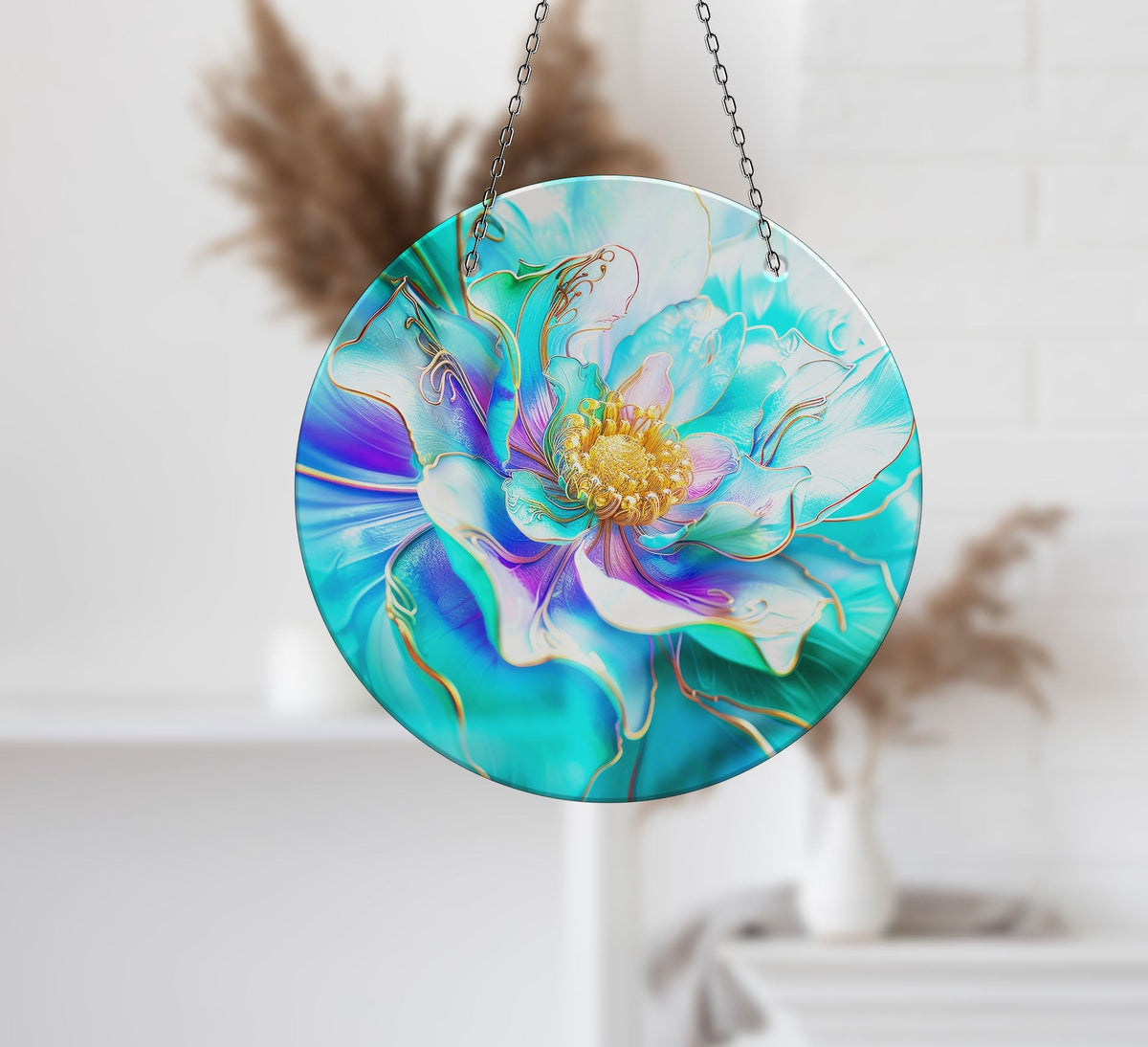 Shiny Blue Flower Faux Stained Glass Suncatcher Window Hanging Home Decor Sun Catcher Gift Idea