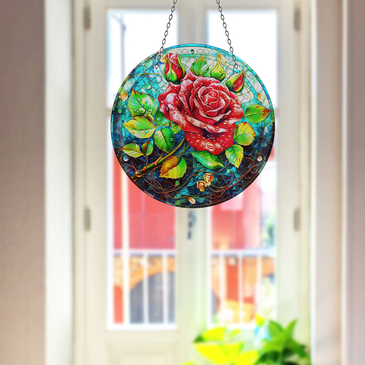 Red Flowers Faux Stained Glass Suncatcher Window Hanging Home Decor Sun Catcher Gift Idea