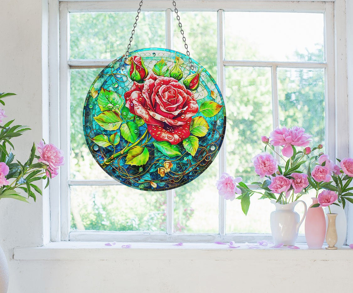 Red Flowers Faux Stained Glass Suncatcher Window Hanging Home Decor Sun Catcher Gift Idea