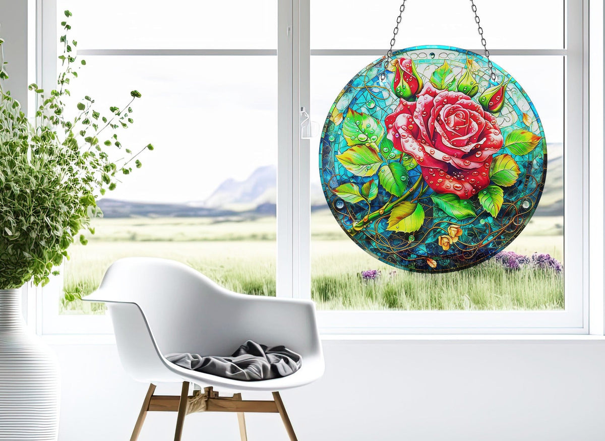 Red Flowers Faux Stained Glass Suncatcher Window Hanging Home Decor Sun Catcher Gift Idea