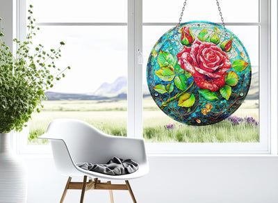 Red Flowers Faux Stained Glass Suncatcher Window Hanging Home Decor Sun Catcher Gift Idea