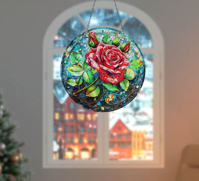 Red Flowers Faux Stained Glass Suncatcher Window Hanging Home Decor Sun Catcher Gift Idea