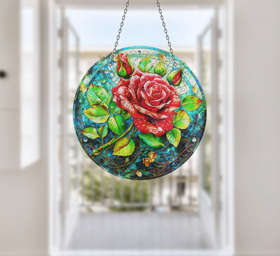 Red Flowers Faux Stained Glass Suncatcher Window Hanging Home Decor Sun Catcher Gift Idea