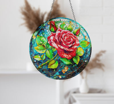 Red Flowers Faux Stained Glass Suncatcher Window Hanging Home Decor Sun Catcher Gift Idea