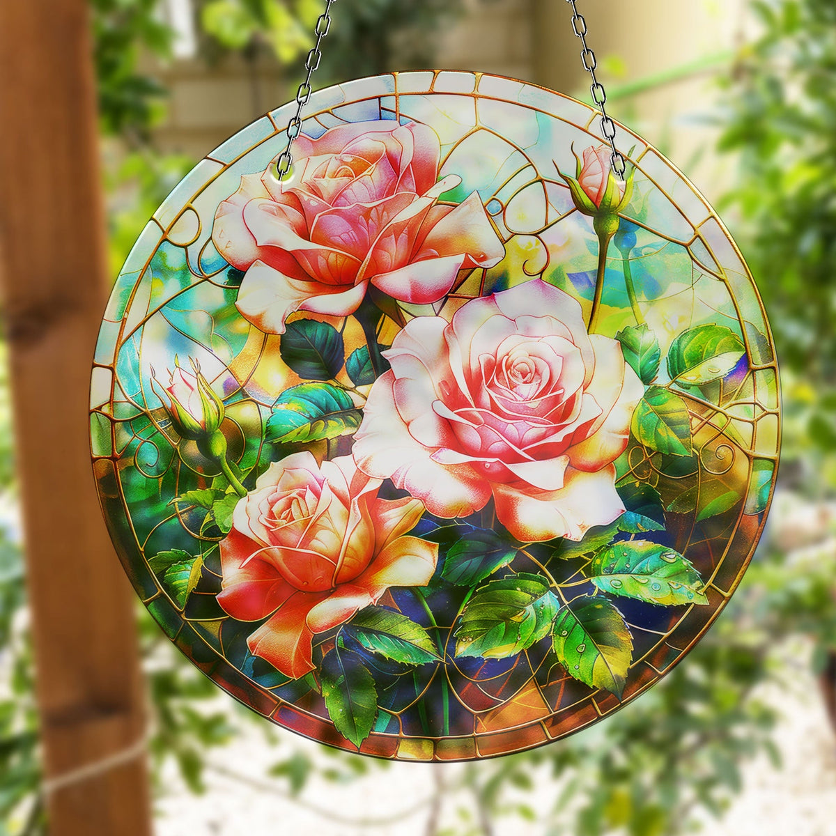 Pink Rose Stained  Faux Stained Glass Suncatcher Window Hanging Home Decor Sun Catcher Gift Idea
