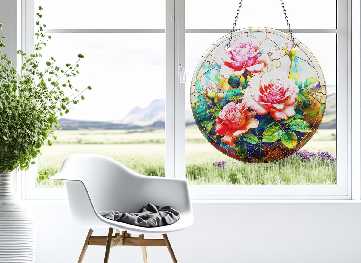 Pink Rose Stained  Faux Stained Glass Suncatcher Window Hanging Home Decor Sun Catcher Gift Idea