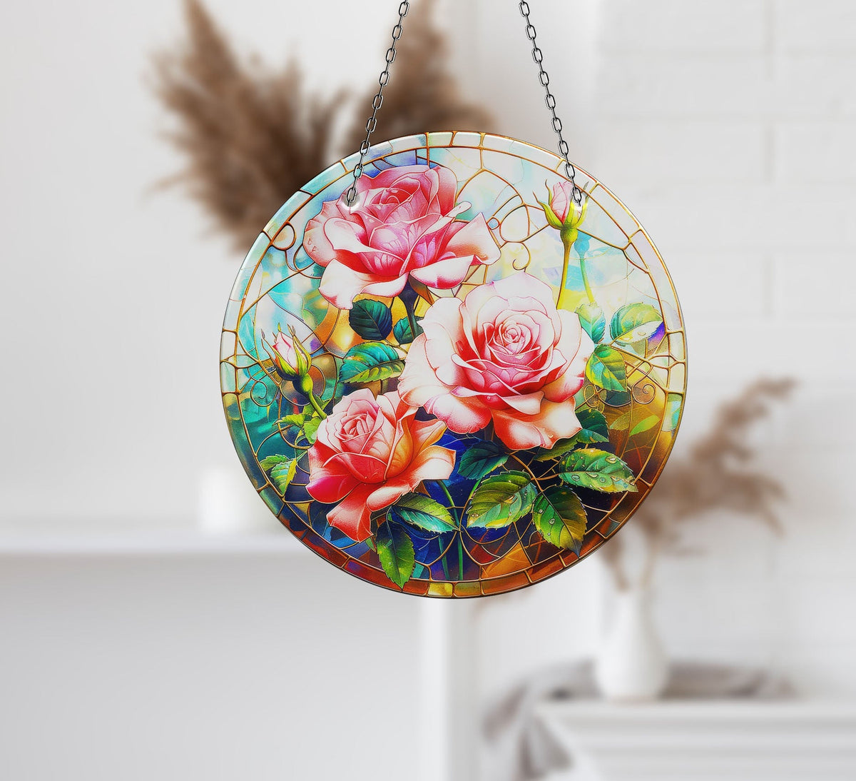 Pink Rose Stained  Faux Stained Glass Suncatcher Window Hanging Home Decor Sun Catcher Gift Idea