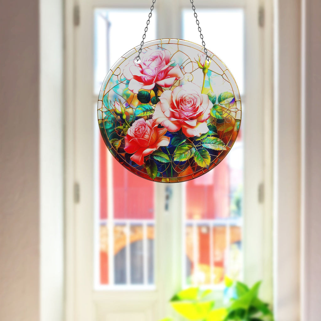 Pink Rose Stained  Faux Stained Glass Suncatcher Window Hanging Home Decor Sun Catcher Gift Idea