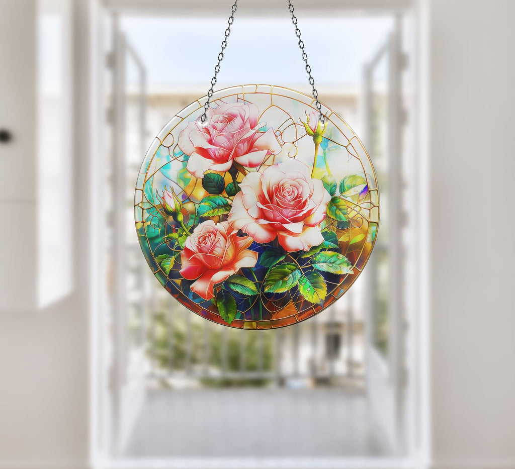 Pink Rose Stained  Faux Stained Glass Suncatcher Window Hanging Home Decor Sun Catcher Gift Idea