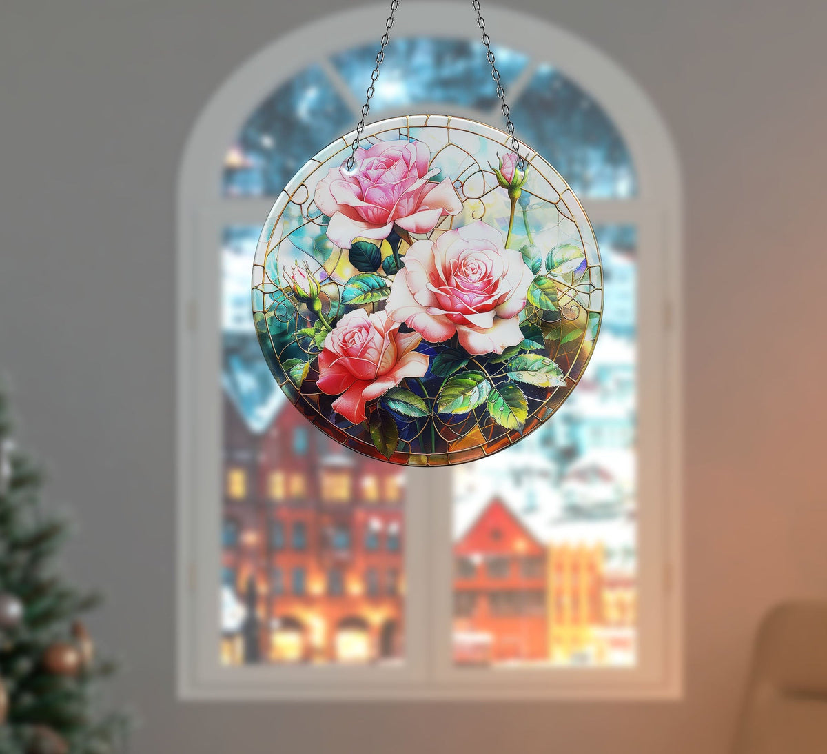 Pink Rose Stained  Faux Stained Glass Suncatcher Window Hanging Home Decor Sun Catcher Gift Idea