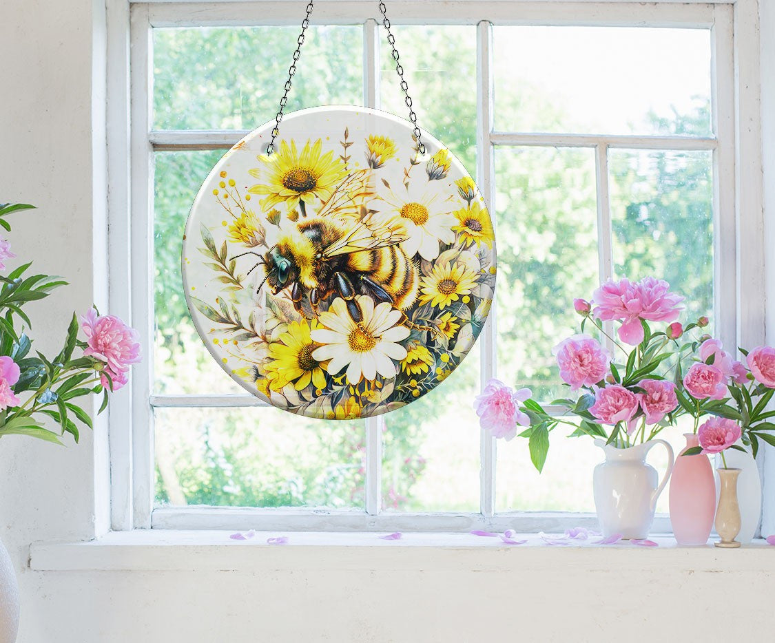 Bee & Daisies Stained Faux Stained Glass Suncatcher Window Hanging Home Decor Sun Catcher Gift Idea