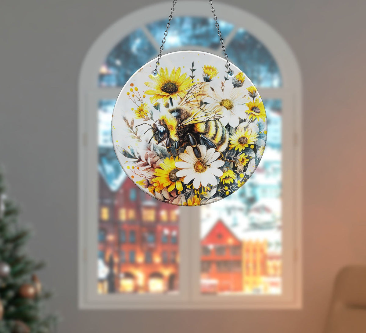 Bee & Daisies Stained Faux Stained Glass Suncatcher Window Hanging Home Decor Sun Catcher Gift Idea