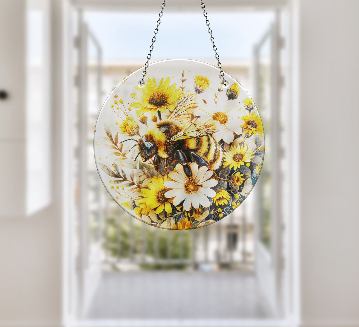 Bee & Daisies Stained Faux Stained Glass Suncatcher Window Hanging Home Decor Sun Catcher Gift Idea
