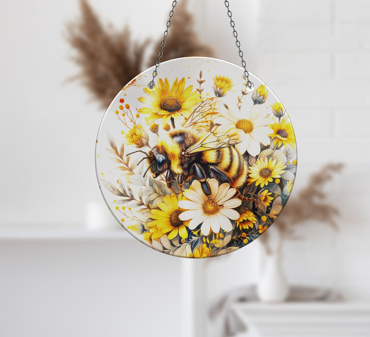 Bee & Daisies Stained Faux Stained Glass Suncatcher Window Hanging Home Decor Sun Catcher Gift Idea