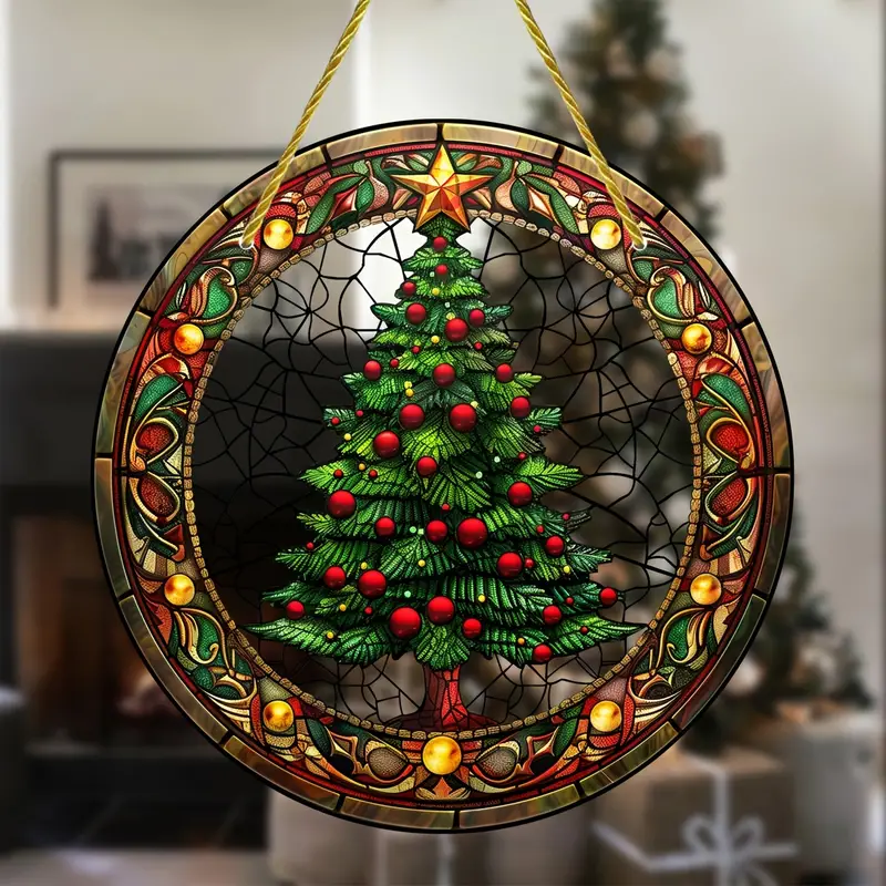 Christmas Tree Faux Stained Glass Suncatcher Round Acrylic Window Hanging For Holiday & Year-Round Decor