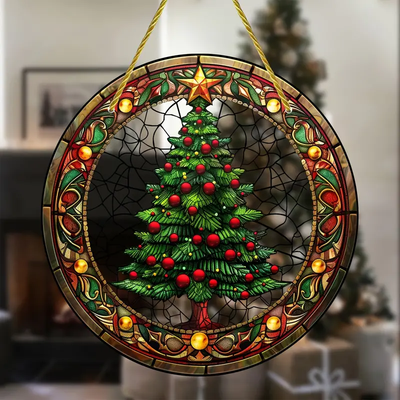Christmas Tree Faux Stained Glass Suncatcher Round Acrylic Window Hanging For Holiday & Year-Round Decor