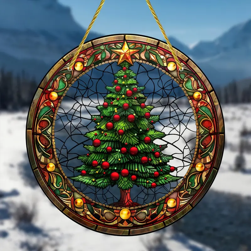 Christmas Tree Faux Stained Glass Suncatcher Round Acrylic Window Hanging For Holiday & Year-Round Decor