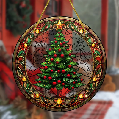 Christmas Tree Faux Stained Glass Suncatcher Round Acrylic Window Hanging For Holiday & Year-Round Decor