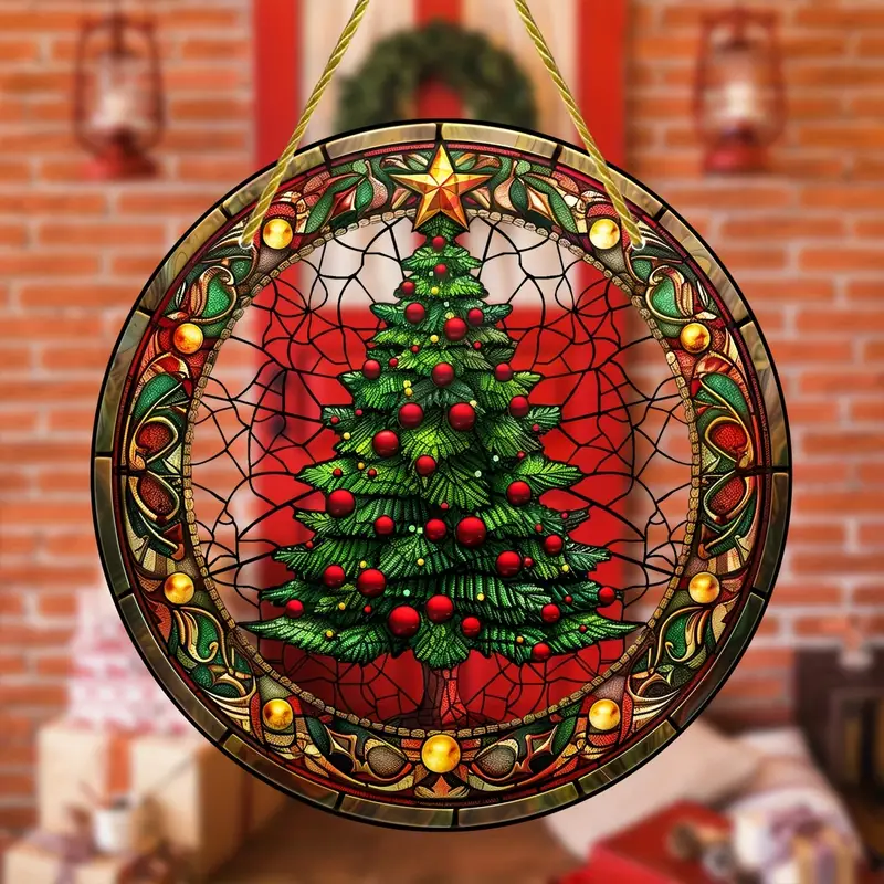Christmas Tree Faux Stained Glass Suncatcher Round Acrylic Window Hanging For Holiday & Year-Round Decor