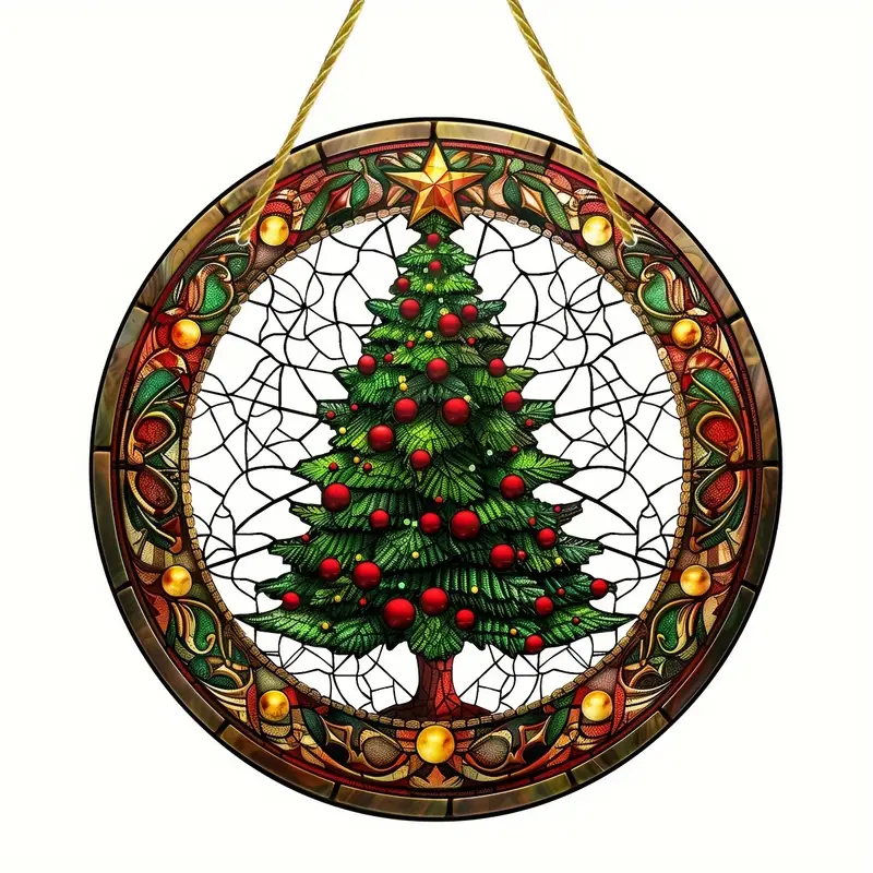 Christmas Tree Faux Stained Glass Suncatcher Round Acrylic Window Hanging For Holiday & Year-Round Decor