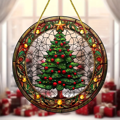 Christmas Tree Faux Stained Glass Suncatcher Round Acrylic Window Hanging For Holiday & Year-Round Decor