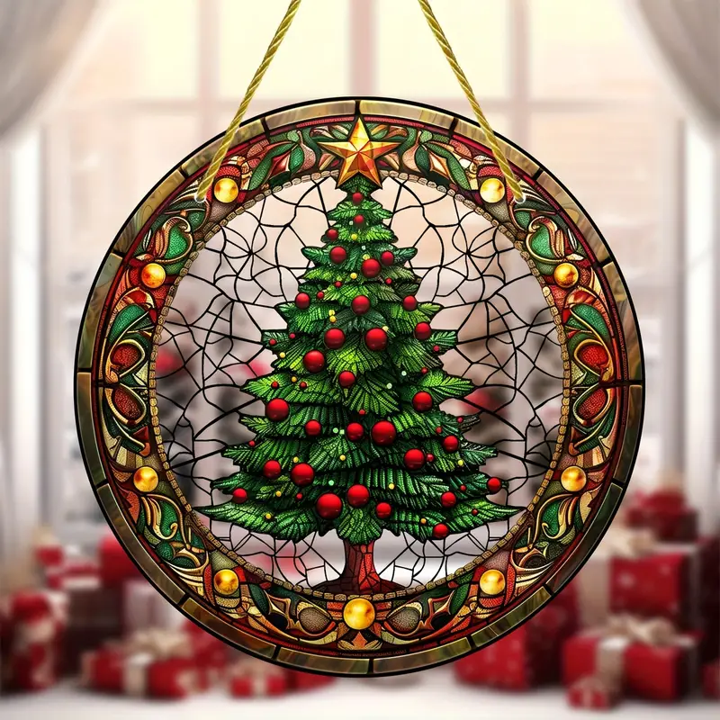 Christmas Tree Faux Stained Glass Suncatcher Round Acrylic Window Hanging For Holiday & Year-Round Decor