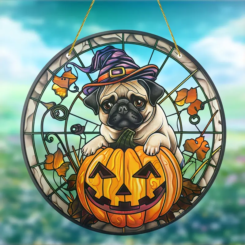 Faux Stained Glass Halloween Pug Dog Suncatcher - Hanging Window Dog Sun Catcher for Christmas
