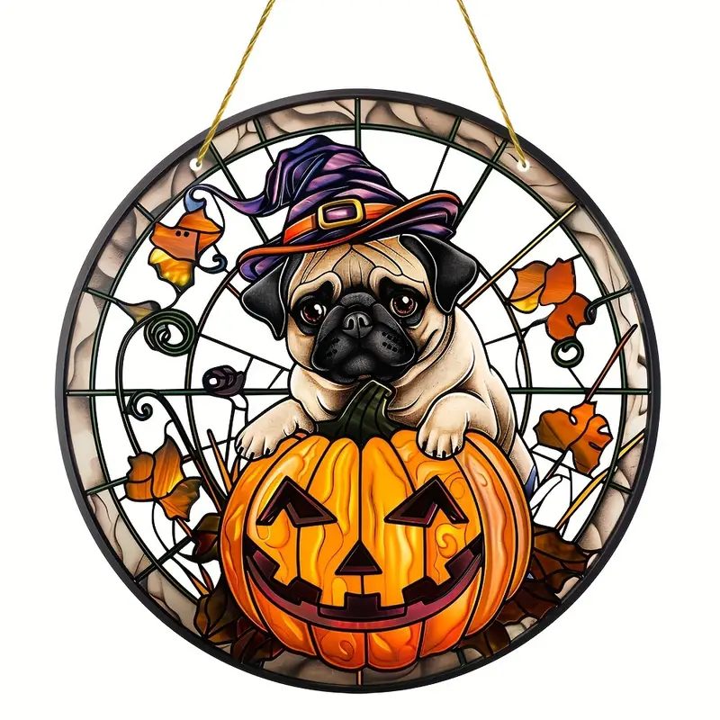 Faux Stained Glass Halloween Pug Dog Suncatcher - Hanging Window Dog Sun Catcher for Christmas
